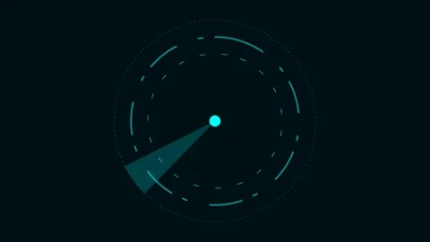 Minimalist digital radar interface with a glowing cyan sweep on black Video stock 335118170