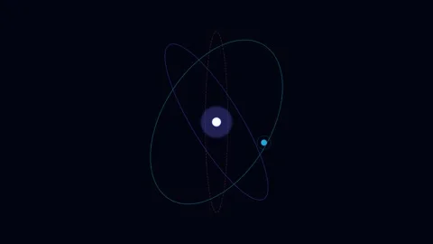 Minimalist digital representation of an atom with orbiting electron shells Stockbeeldmateriaal 339618862