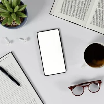 Minimalist Digital Workspace Flat Lay with Smartphone 3D Render. Stock Illustration