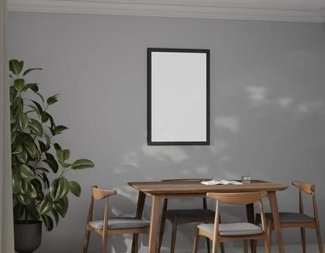 A minimalist dining area features a grey wall, a wood dining table Иллюстрация