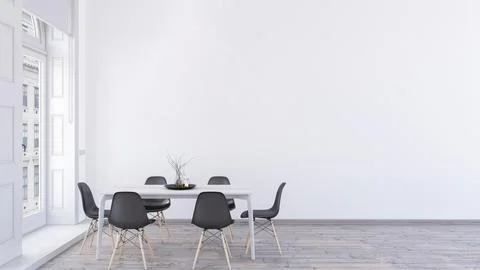 Minimalist dining room 3d rendering. Empty white wall mockup in a dining room Stock Illustration
