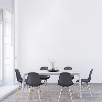 Minimalist dining room 3d rendering. Empty white wall mockup in a dining room. Stock Illustration