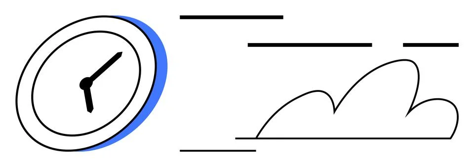 Minimalist drawing of a clock with motion lines and a cloud. Ideal for concep イラスト素材