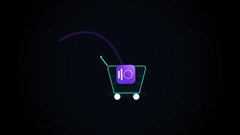Minimalist e-commerce animation of digital icon dropping into neon shopping.. Video stock 347267905