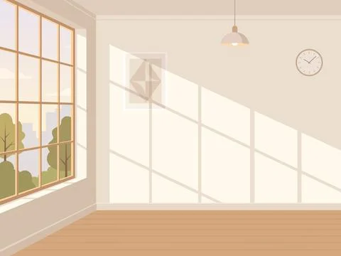 Minimalist Empty Room Interior With Large Window Sunlight And Geometric Wal.. Stock-Illustration