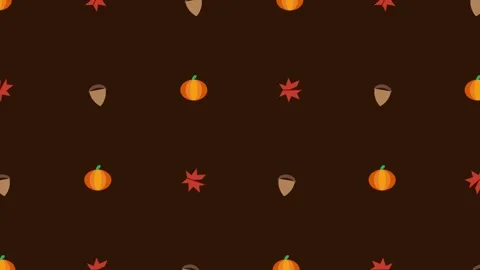 Minimalist fall pattern featuring pumpkins leaves and acorns on brown backg.. 库存影片 338310785