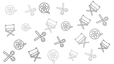Minimalist filmmaking pattern with cinema icons on white background Stock Footage 344875390