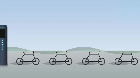 Minimalist flat design animation of generic electric bicycles moving in a r.. Stock Footage 345694136