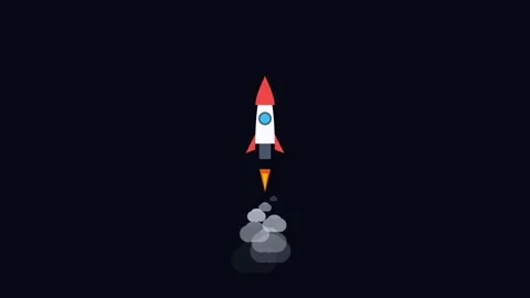A minimalist flat design rocket ship launching into the dark deep space Vídeo Stock 338310271