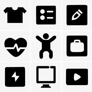 Minimalist flat glyph icon set featuring diverse symbols on a white backgroun Stock Illustration