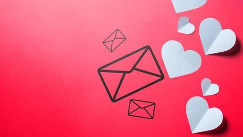 Minimalist flat lay with black envelope drawings and white paper hearts on .. Stock Photos