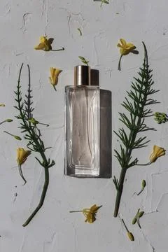 A Minimalist flat lay composition of a perfume bottle Foto stock
