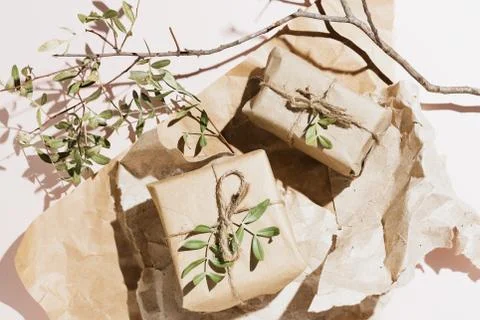 Minimalist flat lay of eco-friendly gift box wrapped in craft paper with pist Stock Photos