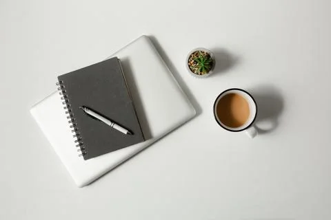 Minimalist Flat Lay of Laptop, Notepad, Pen, Succulent Plant, and Coffee Mu.. Foto stock
