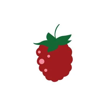 Minimalist Flat Red Raspberry Icon with Green Leaves and Stem Illustration Stock Illustration