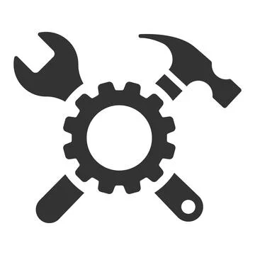 A minimalist flat vector icon featuring a crossed wrench and hammer with a ce Stockillustratie