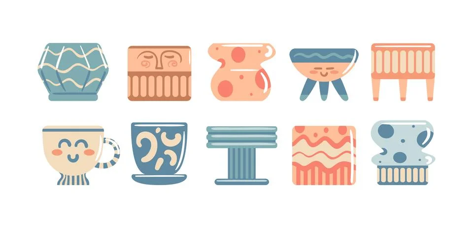 Minimalist flat vector illustration of ceramic set featuring stylish mugs Stock Illustration