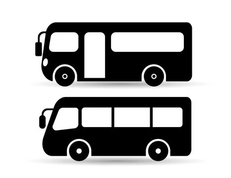 Minimalist flat vector illustration featuring two black bus silhouettes with Stock Illustration