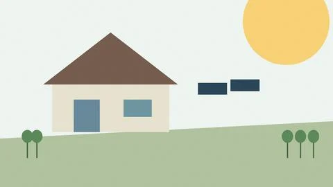 Minimalist flat vector illustration of a simple house with sun and trees on.. 库存插图
