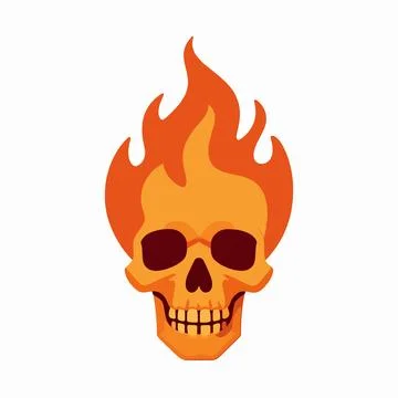 Minimalist flat vector illustration of a single flaming skull, vibrant oran.. 库存插图