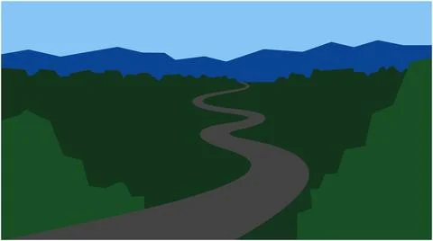 Minimalist flat vector landscape with winding road through forest, landscape Stock Illustration