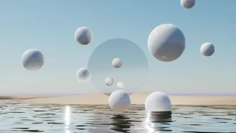 Minimalist of Floating White Spheres and Glass Disk over Water and Sand Dunes Stock Footage 331573910