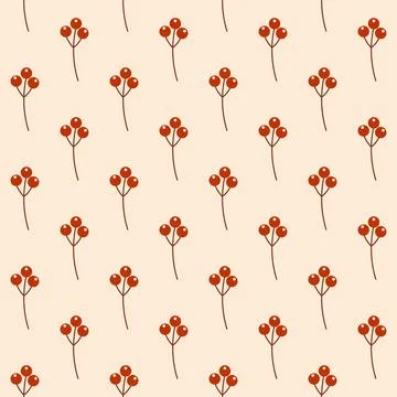 Minimalist Floral Pattern Seamless Design with Red Berries on Beige Background Stock Illustration