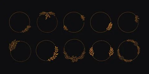 Minimalist floral wreath frames. Linear golden leaves border set, holistic line Stock Illustration