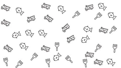Minimalist food delivery pattern featuring scooter fish and fork line art i.. Stock Illustration