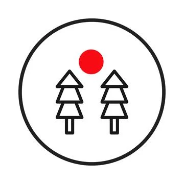 Minimalist forest illustration with two abstract fir trees and a red sun wi.. Stock Illustration