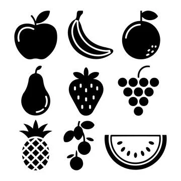 Minimalist Fruit Icon Set Apple Banana Orange Grape Pineapple Pear Strawber.. Stock Illustration