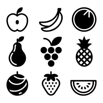Minimalist Fruit Icon Set Apple Banana Orange Grape Pineapple Pear Strawber.. Stock Illustration