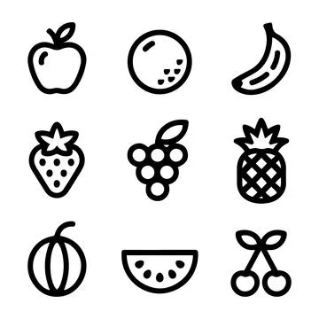 Minimalist Fruit Icon Set Apple Banana Orange Grape Pineapple Pear Strawber.. Stock Illustration