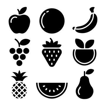Minimalist Fruit Icon Set Apple Banana Orange Grape Pineapple Pear Strawber.. Stock Illustration