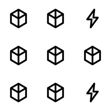 Minimalist Geometric Icons Set Featuring Cube Shapes and Lightning Flash Sy.. Illustrazione stock