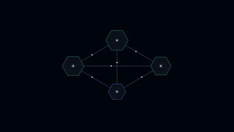 Minimalist geometric network diagram with four connected hexagonal nodes Stock Footage 338312027