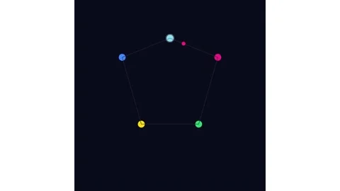 Minimalist geometric pentagon animation with orbiting colorful particles on dark Stock Footage 338189072