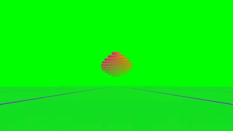 Minimalist geometric sunset floating above a green retro synthwave landscape Stock Footage 340266514