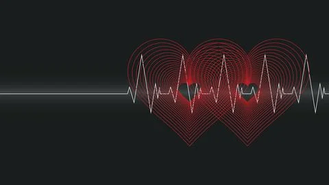 Minimalist geometric two overlapping red hearts with white heartbeats linew.. Ilustração Stock