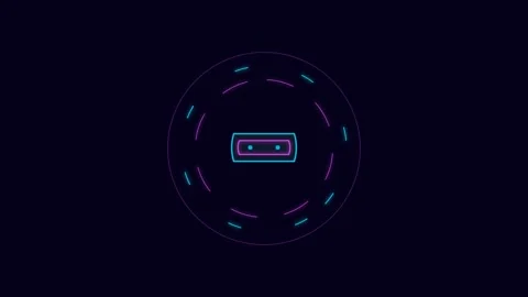 Minimalist glowing neon rectangle centered within a circular light ring Stock Footage 338310639