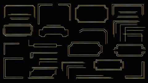 Minimalist gold line art frames and geometric border elements on black. Stock Illustration
