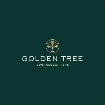 Minimalist GOLDEN TREE plants line art logo design Stock Illustration