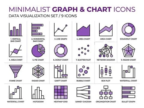 Minimalist graph and chart icons set for data visualization, including bar,.. Stock Illustration
