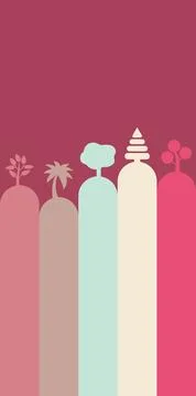 Minimalist graphic design of diverse trees on colorful rounded hills Illustrazione stock