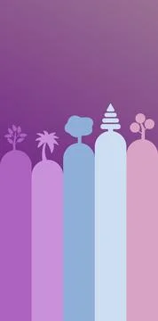 A minimalist graphic design featuring five distinct tree silhouettes atop abs Ilustración de archivo