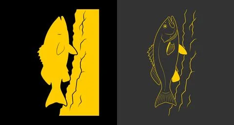Minimalist graphic icon of a fish in solid yellow and line art style Stock Illustration