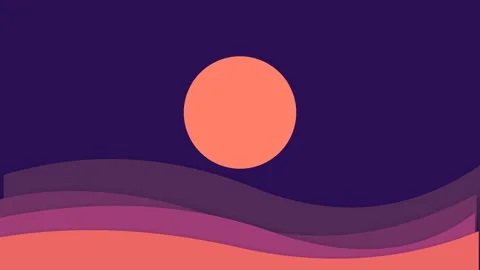 Minimalist graphic illustration of a large sunset over layered hills Stock Footage 338310331