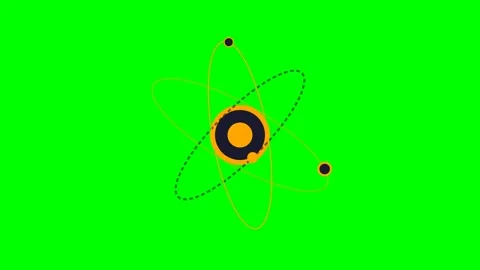 Minimalist graphic representation of an atom on a vibrant green background Stock Footage 340903427