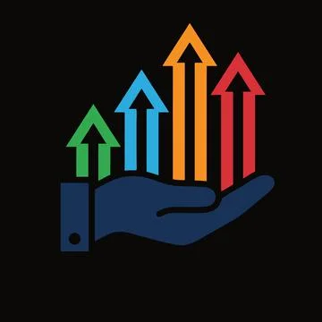 Minimalist graphic showing open hand supporting four upward rising colorful.. Stock Illustration