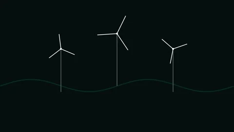 Minimalist graphic of three wind turbines standing above a rolling horizon Stock Footage 338311329